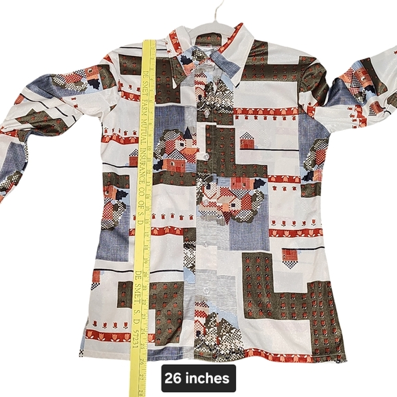 Vintage Button Up Shirt Womens Large Tall Village Scene Folk Cottagecore Retro - Picture 8 of 10